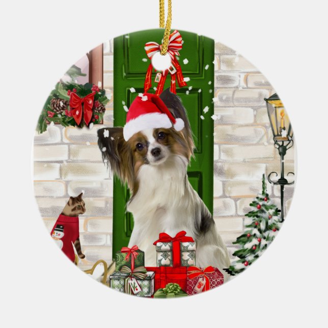 Ornamento De Cerâmica Papillon Dog Christmas (Frente)