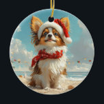 Ornamento De Cerâmica Papillon Dog Christmas Vintage Beach<br><div class="desc">Traga o calor dos feriados para a costa com esta charmosa design inspirada na vintagem, que apresenta um cão festivo sentado numa praia serena. Com um clássico toque de feriado de tons nostálgicos e vibrações costeiras, esta trabalho de arte captura a magia do Natal pelo mar. Perfeito para espalhar alegria...</div>