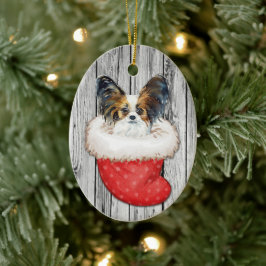 Ornamento De Cerâmica Papillon Dog no Natal, a empinar madeira