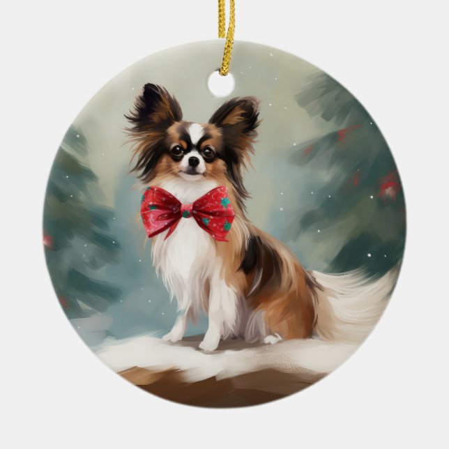 Ornamento De Cerâmica Papillon Dog no Natal da Neve (Frente)