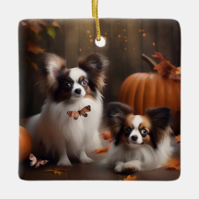 Ornamento De Cerâmica Papillon Puppy Autumn Delight Pumpkin (Frente)