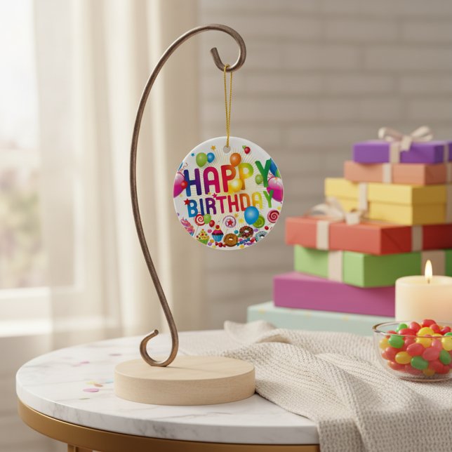 Ornamento De Cerâmica Parabéns, doces e balões (Happy Birthday Candy and Balloons Ceramic Ornament)