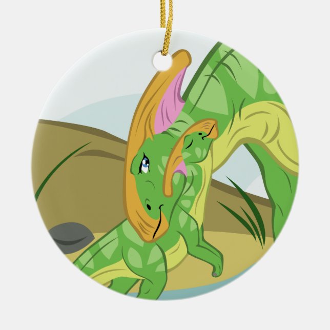 Ornamento De Cerâmica Parasaurolophus Mãe e Bebê (Frente)