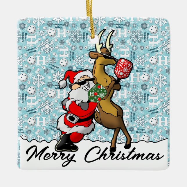 Ornamento De Cerâmica Parceiros Pickleball Papais noeis e Reindeer Sleig (Frente)
