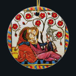 ORNAMENTO DE CERÂMICA PARCHE DE DIA DE OS NAMORADOS DE AMOR ETERNO<br><div class="desc">Arte fina antiga e expressiva colorida. Miniatura heráldica medieval de 1200 amantes românticos em um jardim floral com um pássaro branco, misturada com pedra brilhante 3D do coração vinrante.Fácil de personalizar para cerimônia de casamento, anúncio nupcial, salva-te, obrigado, chás de panela, chás românticos, aniversários, Dia de os namorados ou sobre...</div>