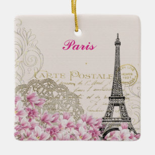 Ornamento De Cerâmica Paris Eiffel Tower France Vintage Flores Rosa