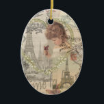 Ornamento De Cerâmica Paris France Bonito Girl Eiffel<br><div class="desc">Uma colagem antiga de Paris, esta design é feita de pedaços de papel antigos de tudo o que é francês. A design francesa inclui a Torre Eiffel, uma menina francesa com borboletas, muitas letras e músicas francesas, e um globo, perfeito para um globetrotter que ama tudo em francês. Paris é,...</div>