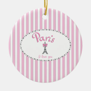 Ornamento De Cerâmica "Paris I Love You"- listras rosa