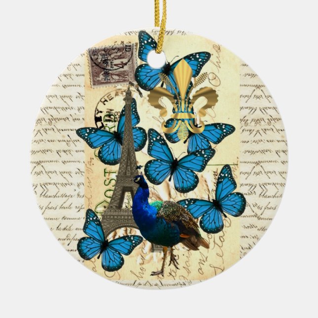 Ornamento De Cerâmica Paris, pavão e borboletas (Frente)