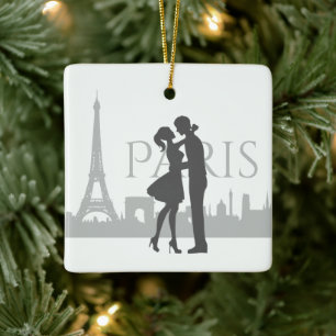 Ornamento De Cerâmica Paris Skyline Eiffel Tower Casal Amor Natal