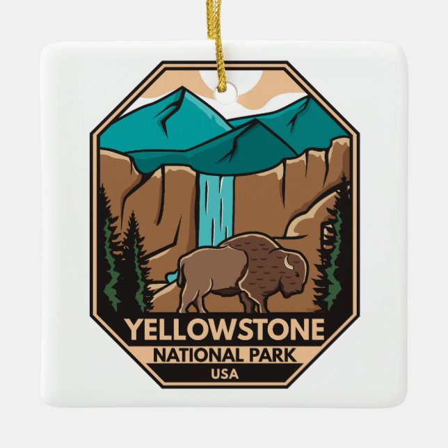 Ornamento De Cerâmica Parque Nacional de Yellowstone, Retro de Bison Mín (Frente)