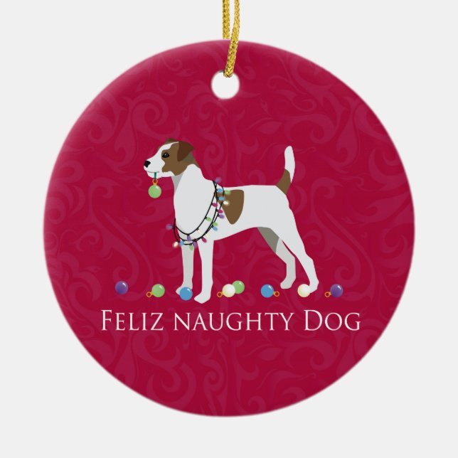 Ornamento De Cerâmica Parson Russell Terrier Feliz Naughn no Natal (Frente)
