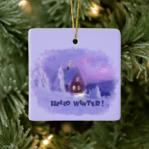 Ornamento De Cerâmica Parte Superior Inverno Das Montanhas Chalet White