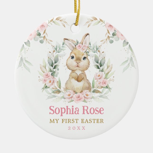 Ornamento De Cerâmica Páscoa de rua de Coelho Floral Rosa Coelho Coelho  (Frente)