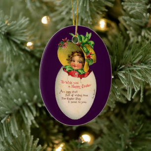 Ornamento De Cerâmica Páscoa Vintage, Criança Vitoriana em Ovo