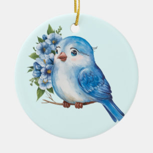 Ornamento De Cerâmica Pássaro Azul com Flores