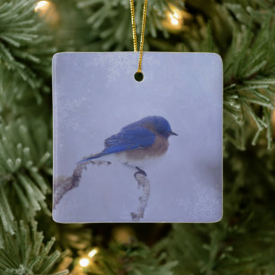 Ornamento De Cerâmica Pássaro Azul em Árvores Nevadas de Inverno - Feria