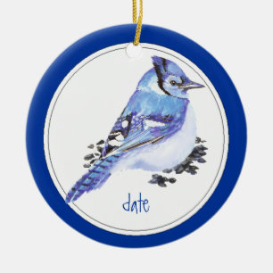 Ornamento De Cerâmica Pássaro Azul-Jay Datado Personalizado