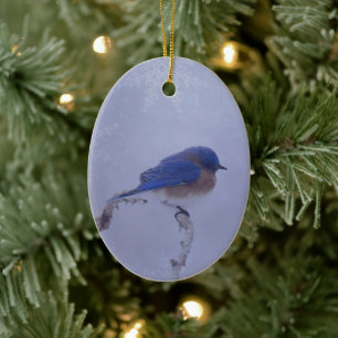Ornamento De Cerâmica Pássaro Bluebird em Snowy Winter Trees - Férias