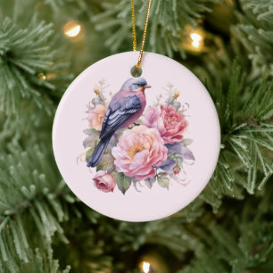 Ornamento De Cerâmica Pássaro Cantando sobre Peônias Rosa