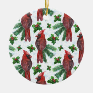 Ornamento De Cerâmica pássaro cardinal vermelho da aguarela