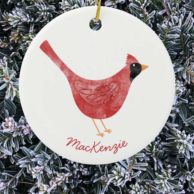 Ornamento De Cerâmica Pássaro Cardinho Festivo Personalizado (Festive Cardinal bird watercolor red and white personalized Christmas Holiday ornament)