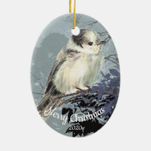 Ornamento De Cerâmica Pássaro da Cinza de Jay da Aquarela de Natal Perso