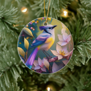 Ornamento De Cerâmica Pássaro de Fantasia Amarelo Violet Tufado