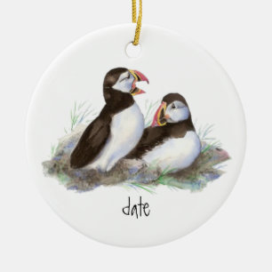 Ornamento De Cerâmica Pássaro de Puffins Datas Personalizado