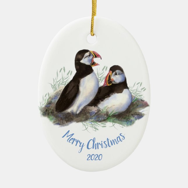 Ornamento De Cerâmica Pássaro do Oceano Puffin de Natal Personalizado (Frente)