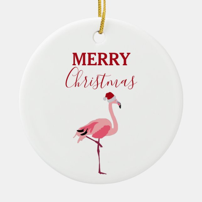 Ornamento De Cerâmica Pássaro Flamingo Rosa de Natal com Papai Noel (Frente)