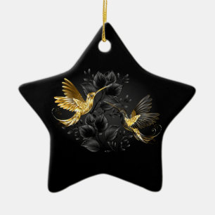 Ornamento De Cerâmica Pássaro Humino Negro e Dourado