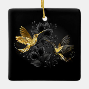 Ornamento De Cerâmica Pássaro Humino Negro e Dourado