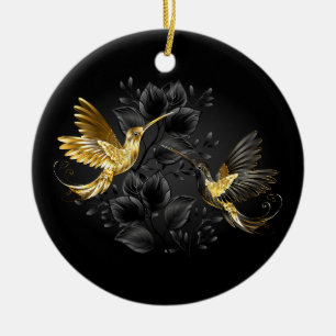 Ornamento De Cerâmica Pássaro Humino Negro e Dourado