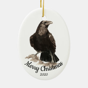 Ornamento De Cerâmica Pássaro Raven da Aquarela de Natal Personalizado