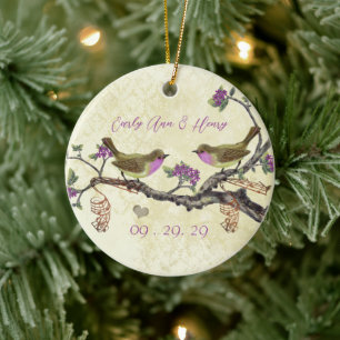 Ornamento De Cerâmica Pássaro Vintage Plum 1º Natal Foto Notas Marrons