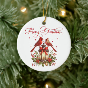 Ornamento De Cerâmica Pássaros Cardinal em Lanterna de Natal em Aquarela