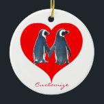 Ornamento De Cerâmica Pássaros do Amor Casal Pinguim Coração Vermelho Th<br><div class="desc">Coração Vermelho Pinguim Casal Pinguim Pinguim,  personalize mudando para seu nome</div>