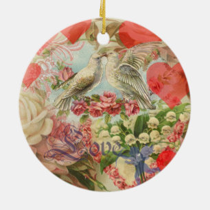 Ornamento De Cerâmica Pássaros do Amor Vintage Antigo Coração