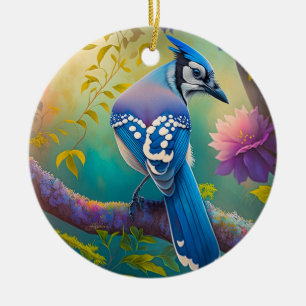 Ornamento De Cerâmica Pássaros Fantasia Gaio Azul