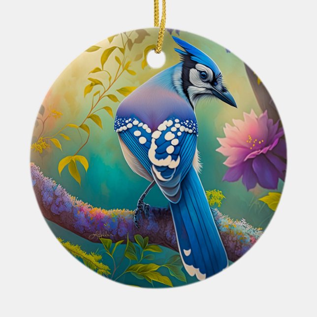 Ornamento De Cerâmica Pássaros Fantasia Gaio Azul (Frente)