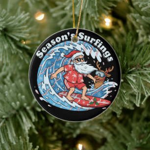 Ornamento De Cerâmica Passeios de Surf da Temporada Papai Noel de Surf D