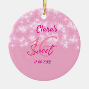 Ornamento De Cerâmica Pastel baby pink doce de 16 anos adicione nome da