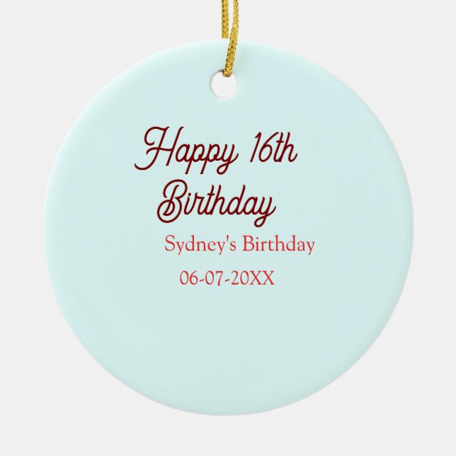 Ornamento De Cerâmica Pastel blue red happy 16th birthday name date eleg (Frente)