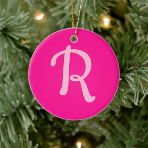 Ornamento De Cerâmica Pastel Monograma Personalizado e Rosa Quente