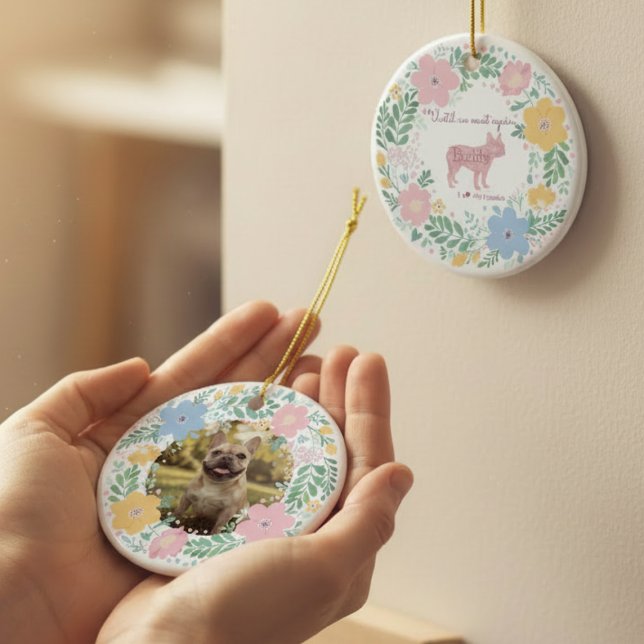 Ornamento De Cerâmica Pastel Pink Floral French Bulldog Custom Photo (Criador carregado)
