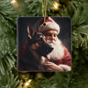 Ornamento De Cerâmica Pastor Alemão com Papai Noel Natal Festivo