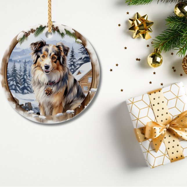 Ornamento De Cerâmica Pastor australiano de inverno bonito (Cute Winter Christmas Australian Shepherd Ceramic Ornament )