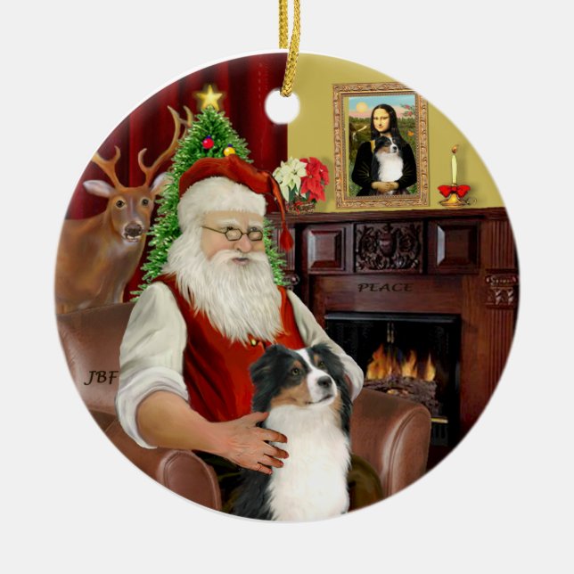 Ornamento De Cerâmica Pastor Australiano Santa-Aussie (Tri 2) (Frente)