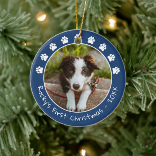 Ornamento De Cerâmica Pata azul branca imprime a primeira foto de Natal